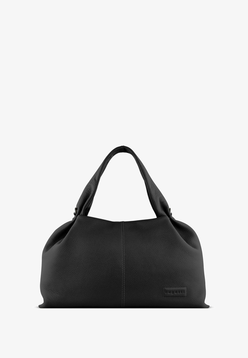 Borsa a tracolla in pelle nera con una superficie morbida e testurizzata, ampia apertura e due manici resistenti. Presenta una cucitura minimalista e un piccolo logo decorativo.