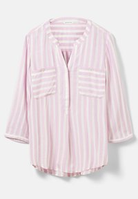 Blusa a righe rosa chiaro e bianca con scollatura rotonda, due tasche frontali e maniche a tre quarti. Tessuto morbido e vestibilità comoda.