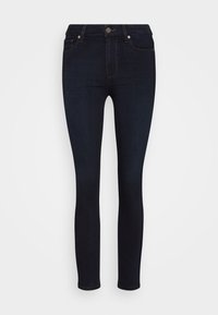 Tmavě modré skinny džíny vyrobené z denimu. Vlastnosti zahrnují přední zapínání na knoflík, poutka na opasek a standardní design s pěti kapsami. Hladká textura.