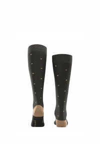 Dunkelgraue knielange Socken mit beigen Punkten, glatter Textur, verstärkter Spitze und Markenlogo auf der Sohle.