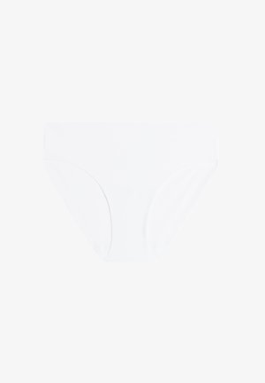 Braguita de bikini de algodón blanca con una textura suave, diseño de talle medio y sin marcas ni patrones visibles. Estilo sencillo y clásico.