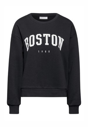 Schwarzer Sweatshirt mit der Aufschrift "BOSTON" in großen weißen Buchstaben und "1980" darunter. Verkürztes Design mit gerippten Bündchen und Saum. Weicher Stoff.