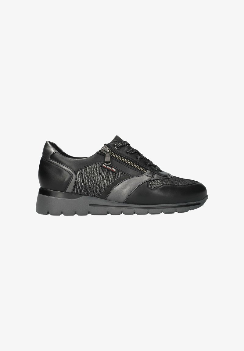 Sneaker noir avec un mélange de cuir lisse et de tissu texturé. Il présente une pointe arrondie, un col rembourré, des lacets et une fermeture éclair décorative.