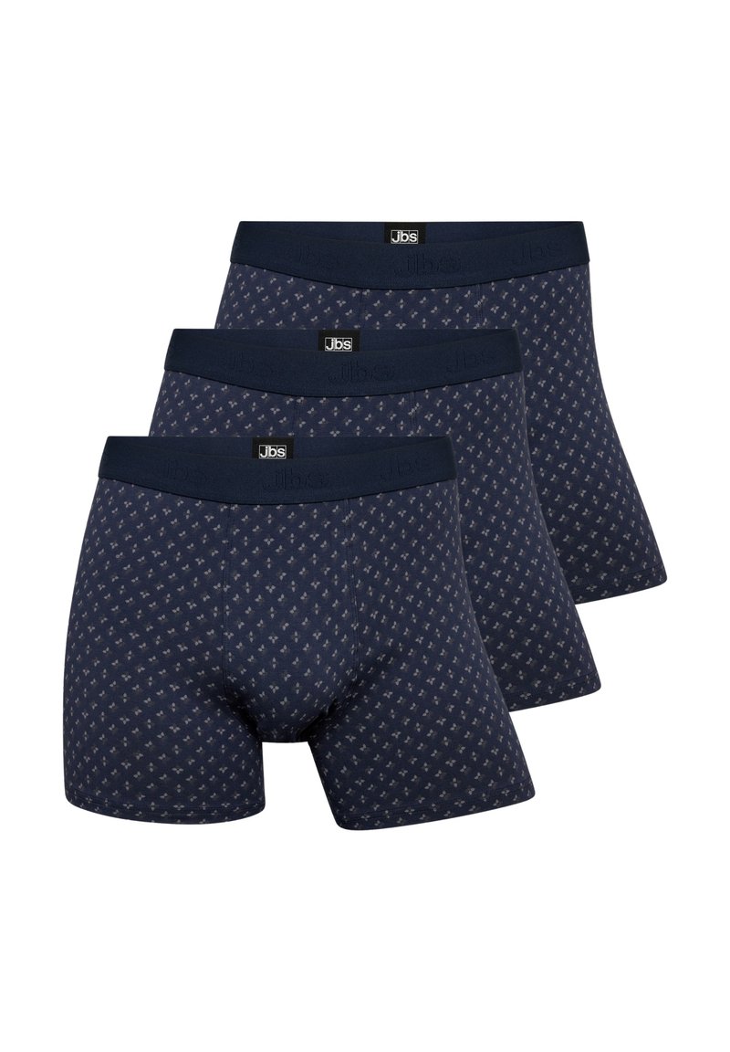 Navy blue boxer briefs, 3-pack, with a subtle diamond pattern. Elastic waistband with logo, soft cotton blend material, fitted design.