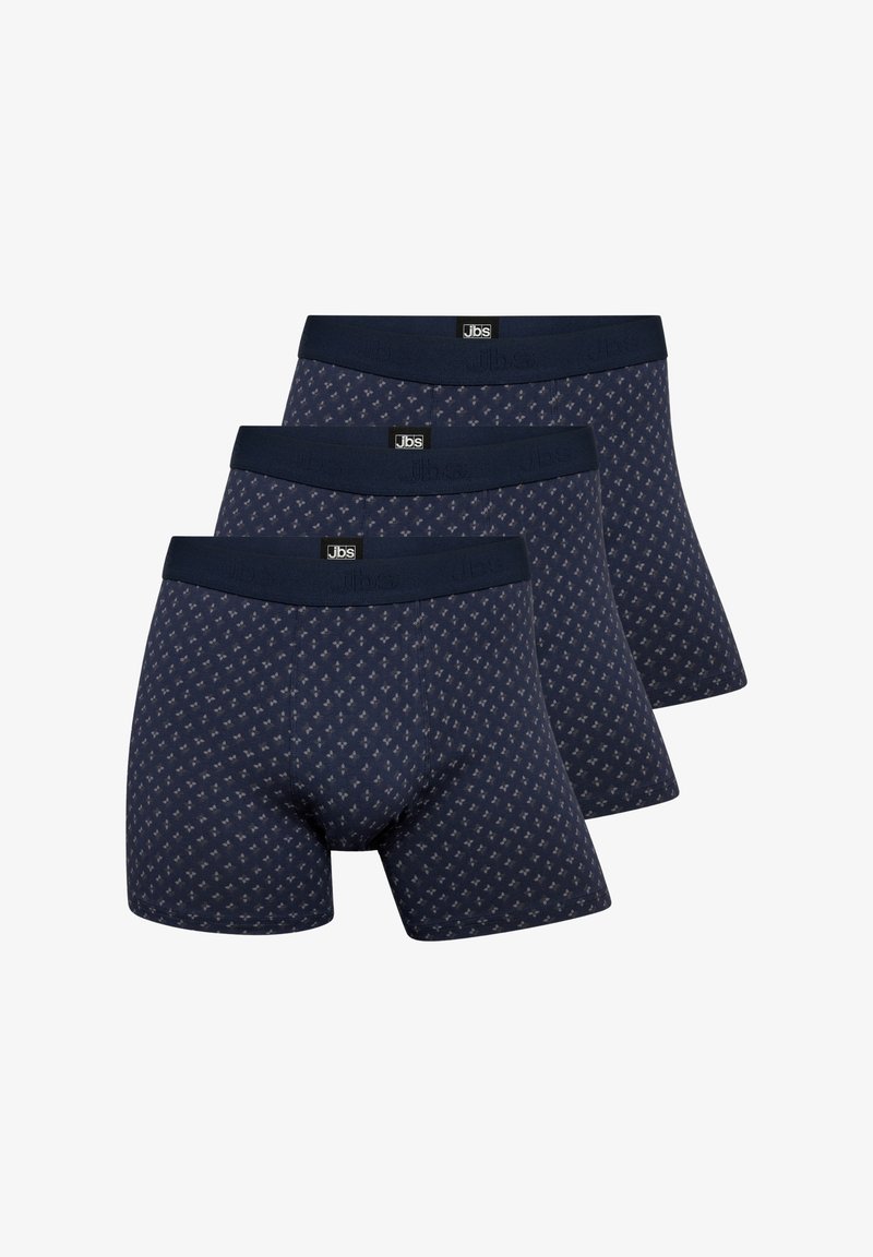 Navy blue boxer briefs, 3-pack, with a subtle diamond pattern. Elastic waistband with logo, soft cotton blend material, fitted design.