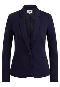 Námorně modrý blazer s přiléhavou siluetou, jedním knoflíkem a klopovými límci. Obsahuje dvě postranní kapsy a dlouhé rukávy. Hladká textura.