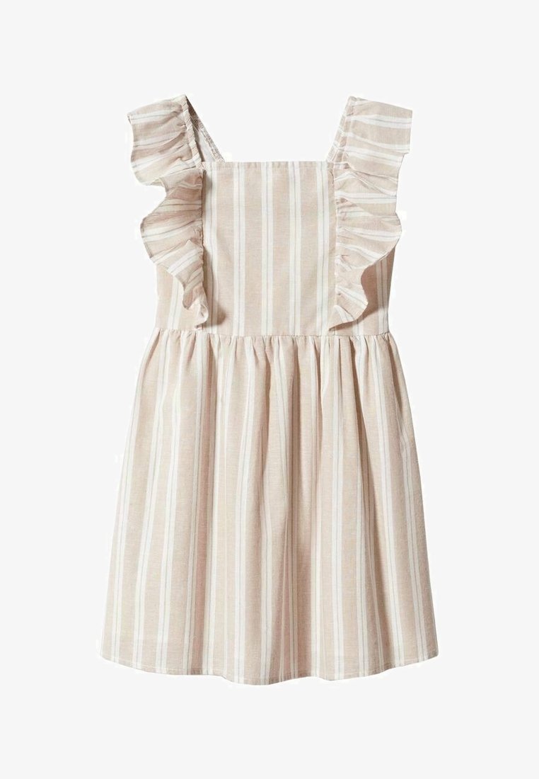 Robe rayée beige et blanche, dotée de bretelles à volants, d'un corsage ajusté et d'une jupe froncée. Tissu léger à la texture douce.