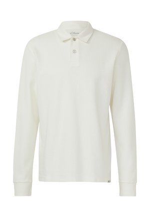 Maglietta polo bianca a maniche lunghe in tessuto a coste, con collo a risvolto, patta con tre bottoni e polsini aderenti.
