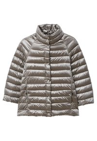 Kevyt toppatakki metallinhohtoisessa oliivinvihreässä. Ominaisuuksiin kuuluu korkea kaulus, vaakasuora tikattu malli, napsautettavat napit ja kaksi sivutaskua.