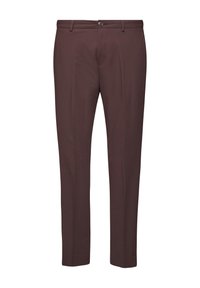 Heren slim-fit donkere bruine dress trousers met knoopsluiting, ceintuurlussen en geplooide voornaden.