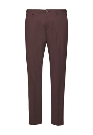 Men’s slim-fit dark brown dress trousers with button closure, belt loops, and creased front seams.