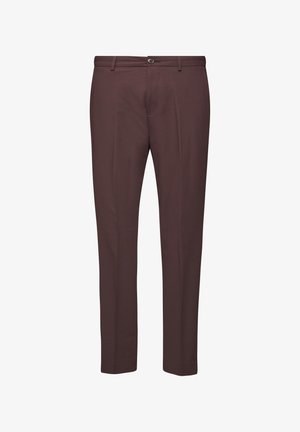 Heren slim-fit donkere bruine dress trousers met knoopsluiting, ceintuurlussen en geplooide voornaden.