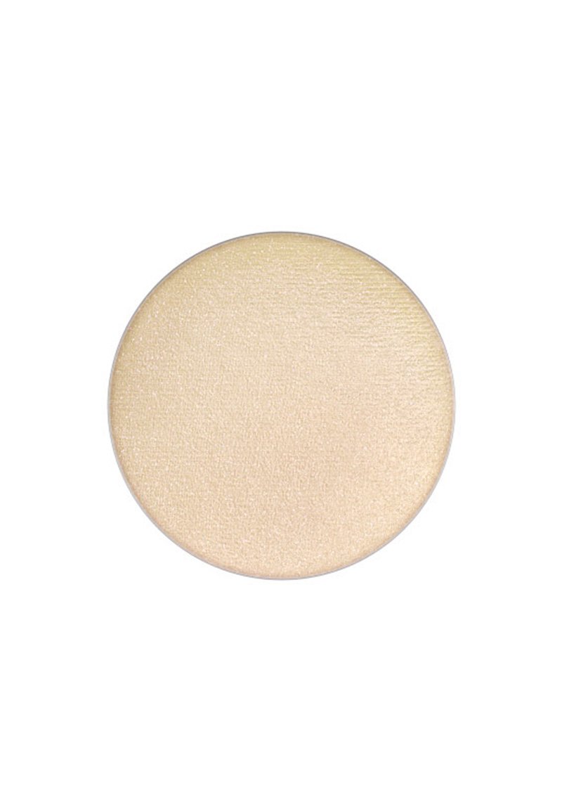 Rund, skinnende highlighter kompakt i en blød beige farve med en glat tekstur og subtil glans, placeret på en hvid baggrund.