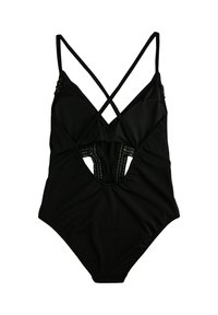 Sort badedragt i ét stykke med tynde krydsede stropper og en nøglehuludsparing bagpå, lavet af glat stof.