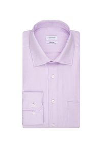 Camicia da uomo a maniche lunghe di colore viola chiaro, realizzata in tessuto strutturato, con colletto regolare, chiusura frontale con bottoni e polsini con un bottone.