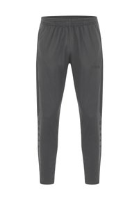Graue Sporthose aus leichtem Material mit elastischem Bund, seitlichen Paneelen und einem Logo-Druck. Glatte Textur.