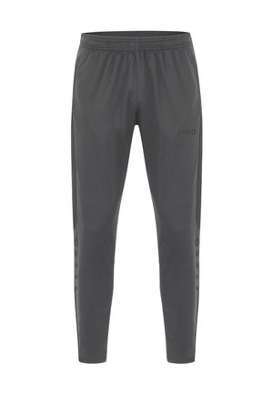 Grijze sportbroek van lichtgewicht stof met een elastische tailleband, voorzien van zijpanelen en een logoprint. Glad textuur.