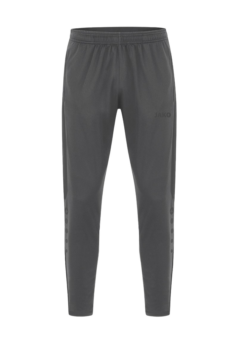 Graue Sporthose aus leichtem Material mit elastischem Bund, seitlichen Paneelen und einem Logo-Druck. Glatte Textur.