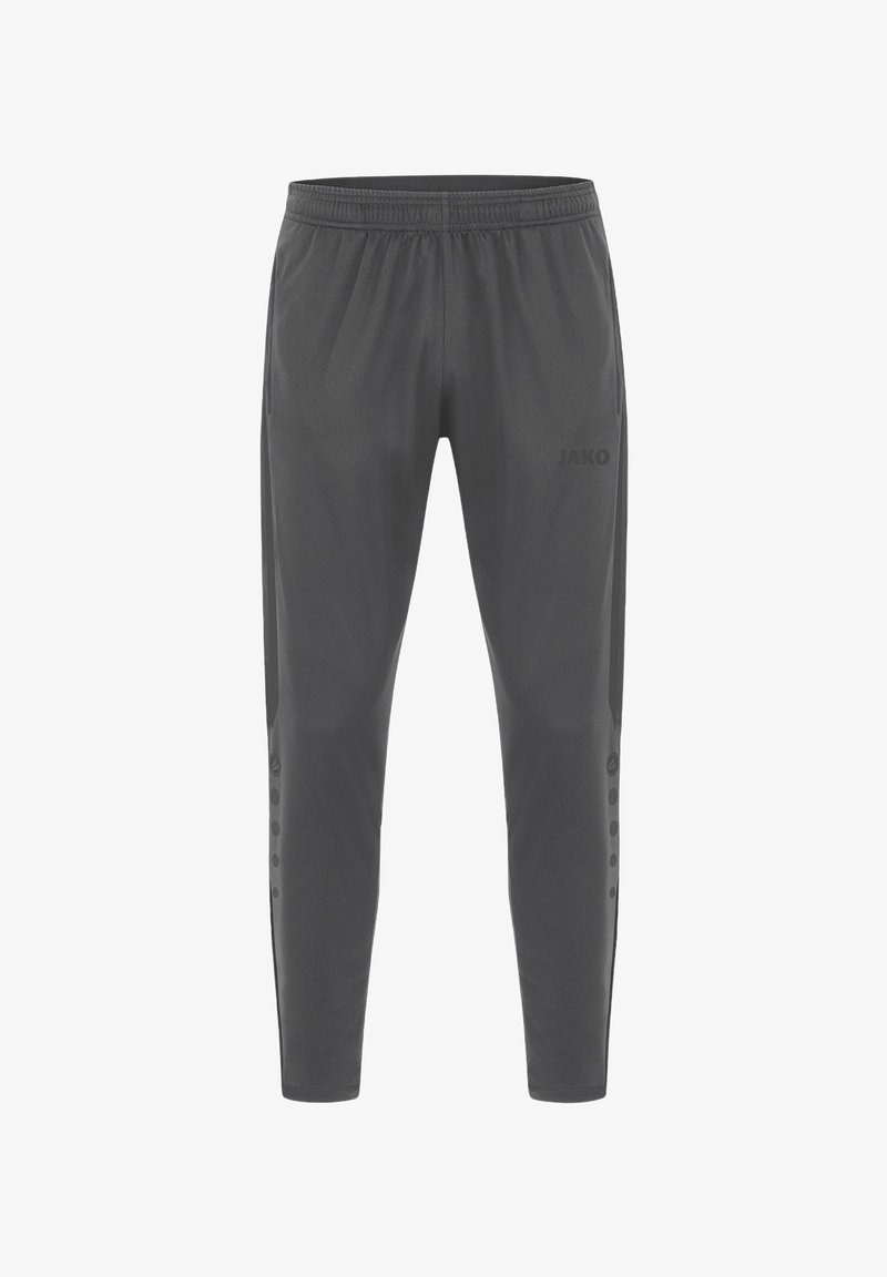 Graue Sporthose aus leichtem Material mit elastischem Bund, seitlichen Paneelen und einem Logo-Druck. Glatte Textur.