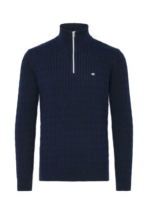 Tumši zilas krāsas adīts džemperis ar augstu apkakli un puscietu aizdari. Iespējas ietver ribotu apakšmalu un piedurknes, kā arī mazu logotipu uz krūšu daļas.