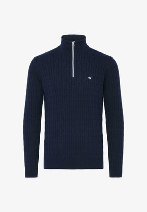 Granatowy sweter w warkoczowy wzór z wysokim kołnierzem i półzamek. Posiada ściągacz na dole i przy mankietach oraz małe logo na piersi.