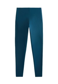 Magasan szabott, teljes hosszúságú leggings sötét türkiz színben. Simább, elasztikus anyagból készült, ívelt díszvarrásokkal és tiszta vonalakkal.