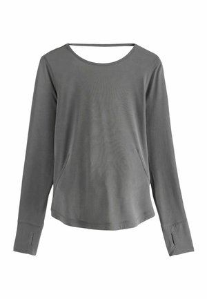 Graues Langarmshirt mit rundem Ausschnitt, entspannter Passform und Seitentaschen. Weiche Textur und dezente Nähdetails.