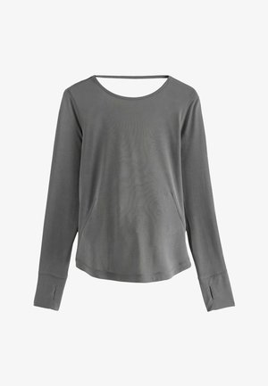 Maglietta grigia a maniche lunghe con scollatura rotonda, vestibilità comoda e tasche laterali. Tessuto morbido e dettagli di cucitura sottili.