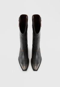 Black leather cowboy boots with pointed toes, decorative stitching, and brown accents at the openings. Smooth texture with a glossy finish.