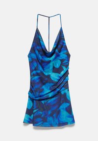 Blue and black floral print sleeveless dress with a draped front and thin shoulder straps forming a T-back design.