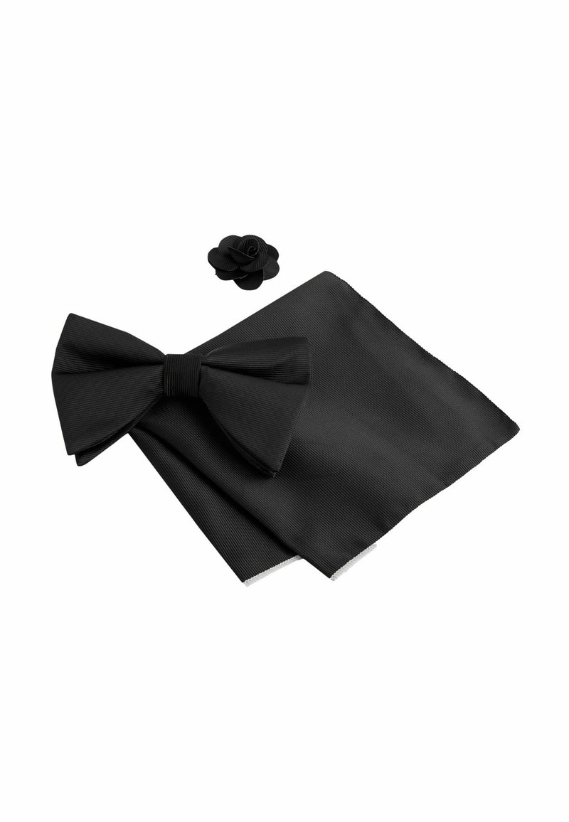 Papion din țesătură neagră, batistă asortată pentru buzunar și faptă florală pentru rever aranjate pe un fundal alb.