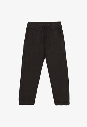 Czarne dresowe spodnie wykonane z miękkiego materiału, z elastycznym pasem, regulowanym sznurkiem i dwiema przednimi kieszeniami. Zakończenia mankietowe.