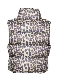 Vadderad väst i en beige och brun leopardtryck, med hög krage och horisontella quiltade sektioner för isolering.