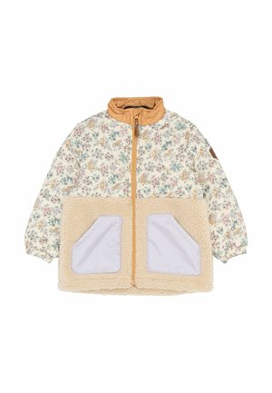 Giacca imbottita con motivo floreale, colletto color beige, corpo in pile crema e due tasche frontali di colore lilla chiaro. Chiusura con zip. Maniche lunghe.