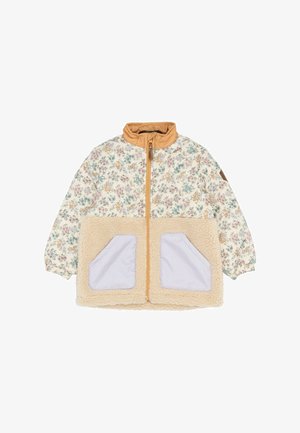 Prešívaná bunda s kvetinovým vzorom, béžovým golierom, krémovým fleece telom a dvoma svetlofialovými prednými vreckami. Zapínanie na zips. Dlhé rukávy.