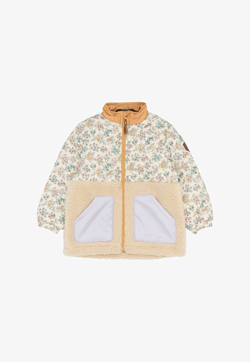 Prešívaná bunda s kvetinovým vzorom, béžovým golierom, krémovým fleece telom a dvoma svetlofialovými prednými vreckami. Zapínanie na zips. Dlhé rukávy.