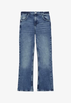 Blaue Jeans aus Denim mit geradem Bein, vorderer Knopfverschluss und Fünf-Taschen-Design, mit ausgewaschenen Details an Oberschenkeln und Knien.
