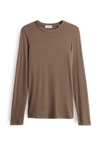 Langsleeve bruin t-shirt gemaakt van zachte stof. Heeft een ronde hals en een eenvoudige, ontspannen pasvorm zonder patronen of accenten.
