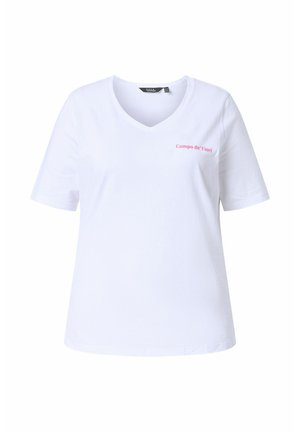 T-shirt blanc à manches courtes en V avec le texte rose "Campo de' Fiori" sur le haut à gauche de la poitrine, design uni, coupe décontractée.