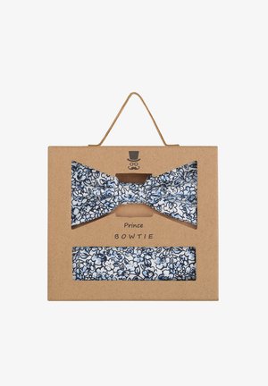 Bogen mit blauem Blumenmuster und passendem Einstecktuch in einer Karton-Präsentationsbox mit Aufhängeschnur.