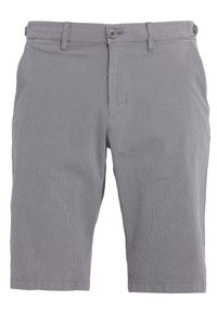 Pantaloni corti grigi in cotone con un delicato motivo a trama, dotati di chiusura frontale con bottone e tasche standard su ciascun lato.