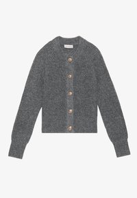Gray knit cardigan with long sleeves, ribbed texture, and seven round gold-tone buttons down the front. Crew neckline, cropped length.