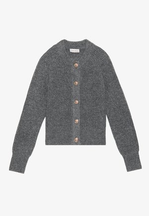 Harmaa neulecardigan, jossa on pitkät hihat, ribbitekstuuri ja seitsemän pyöreää kultasävyistä nappia edessä. Pyöreä kaula-aukko, lyhyt pituus.