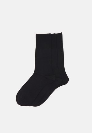 Meias de algodão pretas, três pares, ponta sem costura, punho canelado, textura suave, design básico, adequadas para uso casual ou formal.