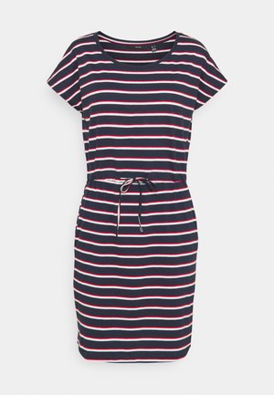 Marineblauwe jurk met korte mouwen, witte en rode horizontale strepen en een taillekoord.