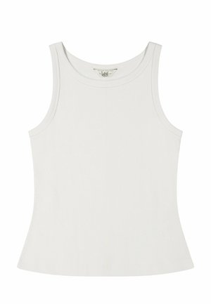 Weißes, geripptes ärmelloses Tanktop mit rundem Ausschnitt und leicht ausgestelltem Saum, das das Lee-Markenlabel im Innenkragen zeigt.