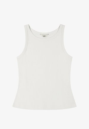 Valkoinen ribbineuloksinen hihaton toppi, jossa pyöreä pääntie ja hieman levenevä helma, sisäpuolella Lee-merkkilappu kauluksessa.