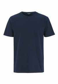 Mörkblå bomullströja med rund halsringning, korta ärmar och klassisk passform. Slät textur, inga mönster eller detaljer.