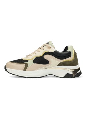Sport sneaker featuring a mix of beige, black, and olive materials. Mesh and suede textures, with metallic accents and a chunky white sole.