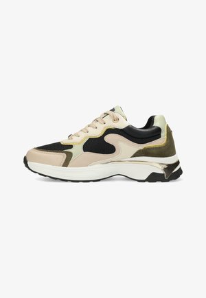 Sport sneaker featuring a mix of beige, black, and olive materials. Mesh and suede textures, with metallic accents and a chunky white sole.